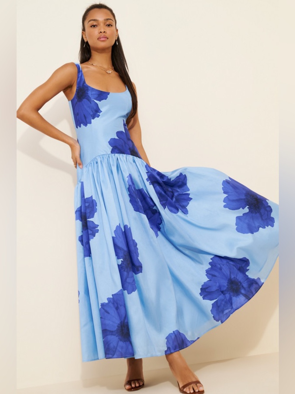 Hutch the ridge printed blue floral drop waist maxi dress